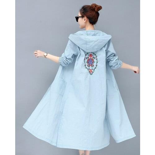 Women Floral Embroidery Thin Sun Protection Clothing New Long Hooded Trench Coat summer Wide-waisted Windbreaker Outwears Mw258