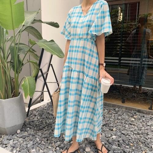 Women Summer Cotton Blue Plaid Long Trumpet Dress 2021 New V Neck Slim Waist Folds A-line Pullover Maxi Sundress
