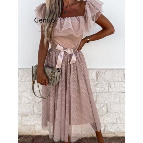 Women Sexy V Neck Pure Color Mesh Dress Elegant Butterfly Sleeve Ruffle Sleeveless Dress Fashion Belted Lace-Up Dresses Vestidos