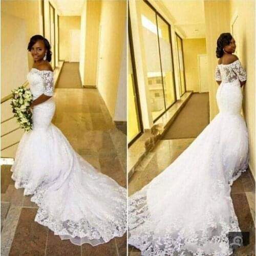 White Mermaid Off the Shoulder African Women Wedding Dresses Half Sleeves Beaded Lace Buttons Back Black Women Wedding Gown
