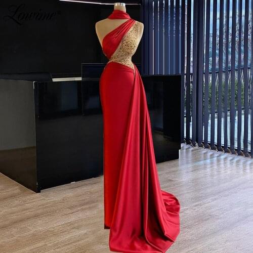 Lowime Gold Beaded Mermaid Long Party Dresses 2021 Couture Plus Size Evening Gowns Arabic Dubai Red Prom Dresses Robe De Soiree