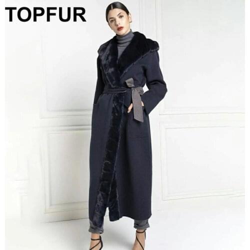 TOPFUR Navy Blue Womens Coat Winter Wool Nizi Coat With Belt Lapel Collar X-Long Clothing With Mink Fur Hood Womens Jacket