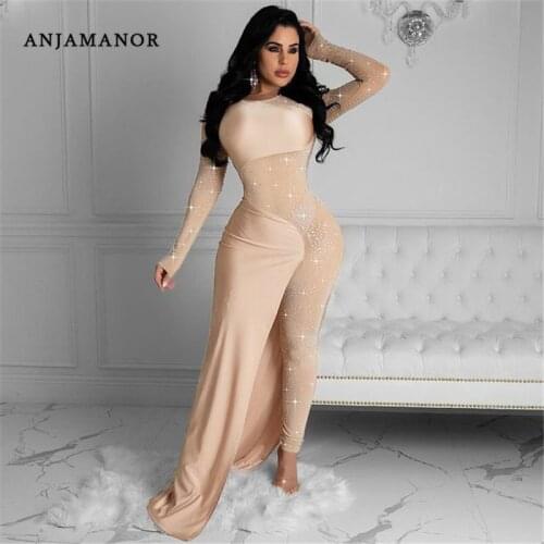 ANJAMANOR Diamonds Mesh Long Sleeve Bodycon Jumpsuits Women Sexy One Piece Outfit Birthday Party Clubwear Black Nude D35-FI48