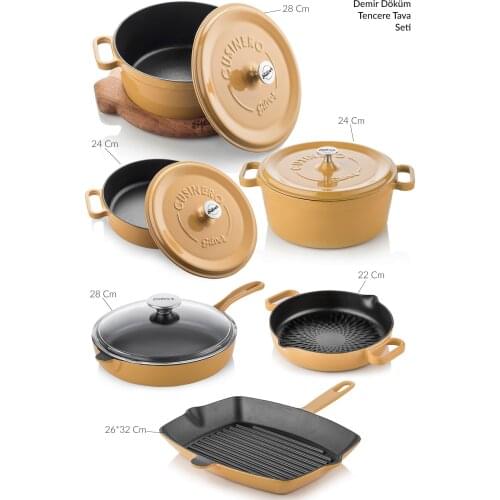 Cast Iron Pot and Pan Set 10 Pieces Mustard Yellow