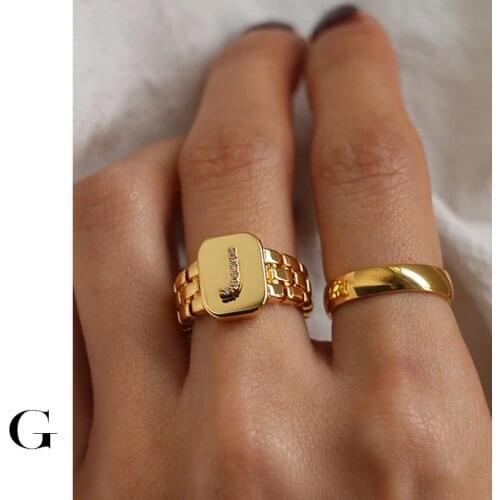 GHIDBK Hot Sale 2021 Fashion Unique Design Shaped Watchband Alphabet A-Z Cubic Zirconia Open Rings Women Street Style Jewelry