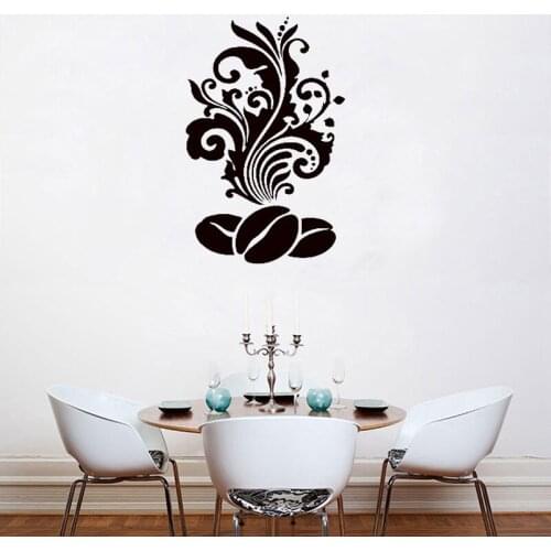 Wall Decals Coffee Bean With Floral Pattern For Kitchen Cafe Shop Home Interior Design Art Mural Wall Sticker Poster Decoration