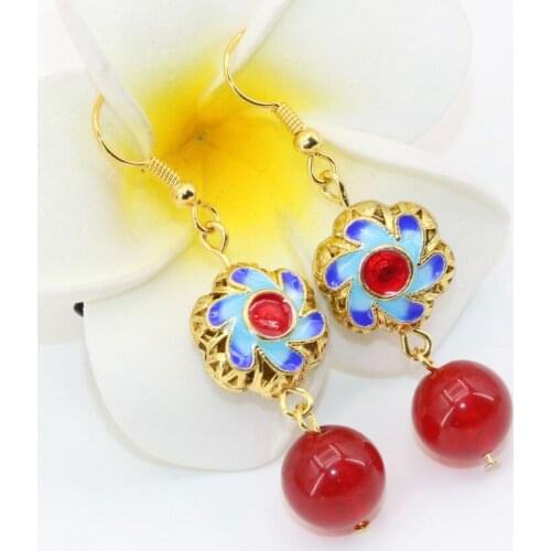 New arrival vintagecharms gold-color hollow cloisonne red chalcedony long drop dangle earrings for women clothes jewelry B2642