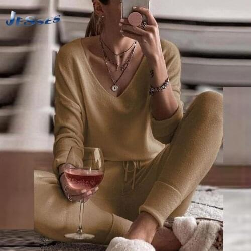 Slim-fit Home Wear Two-piece V-neck Top + Trouser Suit Ladies Spring/Autumn Comfortable Oversized Pajamas 2 Pieces Set For Woman