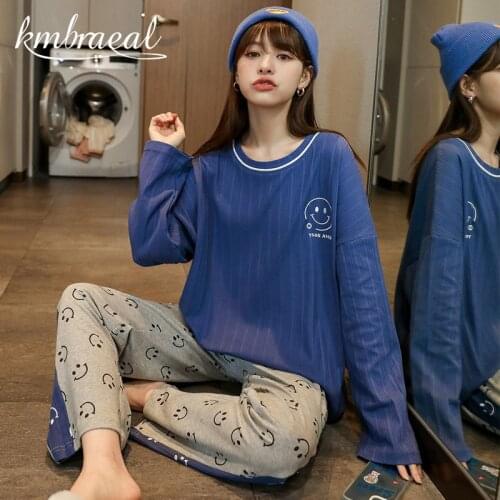 Women Pajama Autumn and Winter Long Sleeve Knitted Cotton Pure Color Round Collar Leisurewear Household To Take Wears Outside