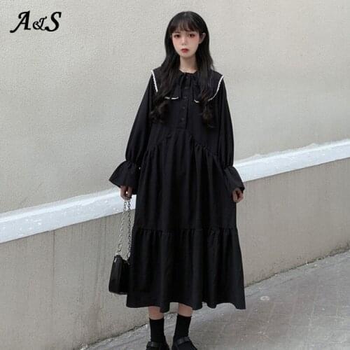 Anbenser Long Flare Sleeve Lolita Dress Women Doll Collar Buttons Elegant Harajuku Black Loose Fashion Lace Up Mid-calf Vestidos