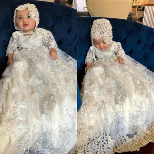 Ivory Long Sleeve Christening Gowns For Baby Girls Lace Appliqued Pearls Baptism Dresses With Bonnet First Communication Dress