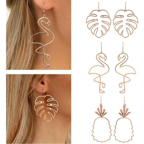 Hollow Metal Rose Gold Leaves Flamingo Pineapple Pendant Earrings For Women Personality Exaggerated Ladies Party Novelty Jewelry