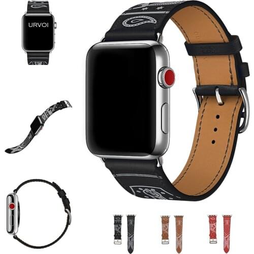 URVOI Single Tour Eperon d'Or band for apple watch series 6 5 4 3 2 1 SE printed pattern strap for iwatch belt Noir Gala leather