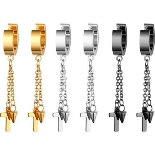 BONISKISS Cross Double Chain Stainless Steel Neutral Earring Silver Color Men Women Tassels Tassel Chain Dangle Earrings