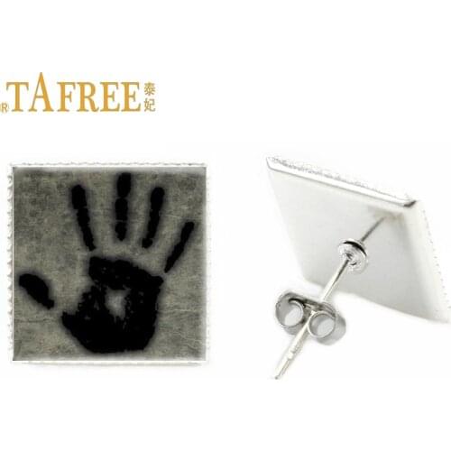 TAFREE Skyrim Dark Brotherhood Mysterious Note square stud earrings Glass Gems Hand Plam earring For Men Women Jewelry HD07