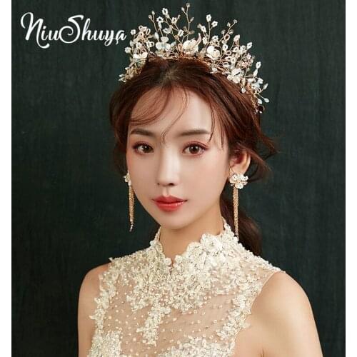 NiuShuya whiteTiara Luxury Bridal Headbands Handmade Crystal Bead Flower Hairband Wedding Dressing Crowns Accessories Jewelry