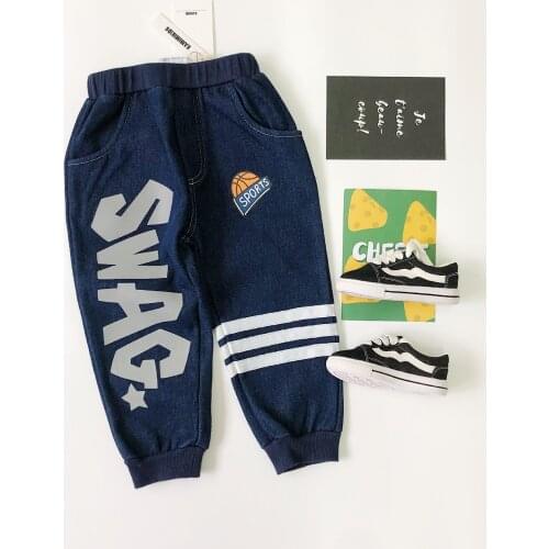 Tonytaobaby Cool Winter Sportswear Denim Plush Pants Neutral Childrens Warm Pants Loose