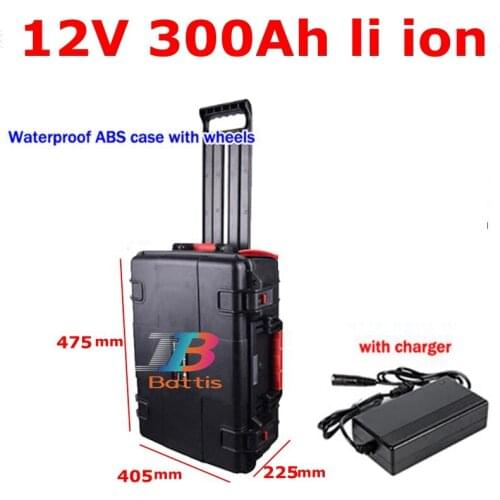Waterproof 12V 300AH lithium ion battery li ion BMS wheel trolley case for caravan photovoltaic storag solar system +20A Charger