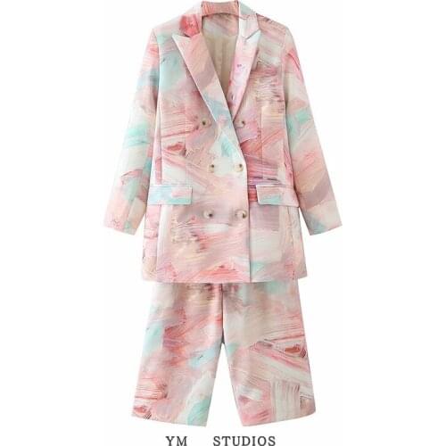 2021 Fashion Double Breasted Graffiti Print Blazers Coat Vintage Long Sleeve Outerwear Chic Tops Ladies Elegant Suit Jacket