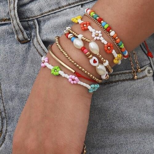 Bohemian Multilayer Multicolor Acrylic Beads Bracelet Set for Women Flower Heart Rope Bracelet 2021 Fashion Jewelry M3150