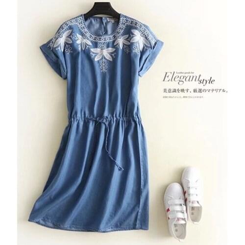 Retro Summer Denim Dress Embroidery Flower O-Neck Drawstring Vestidos New 2020 Dresses Women Short Sleeve Loose Casual Female