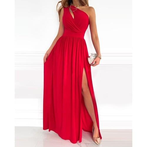 Women Casual Vacation Split Vestidos Solid Color Sleeveless One Shoulder Backless Long Dress High Waist Fashion Ladies Clothes