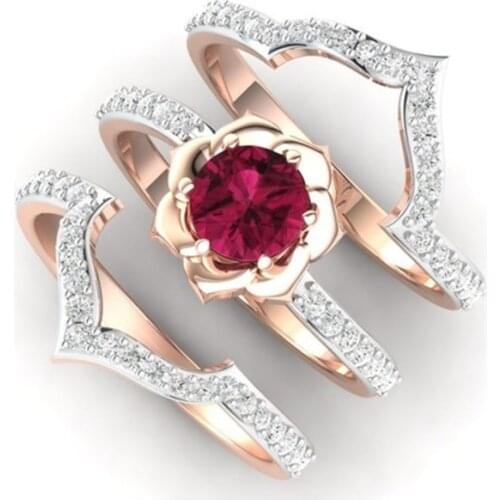 3Pcs/Set Elegant Rose Gold Flower Ring Anniversary Proposal Jewelry Women Engagement Wedding Band Rings Set