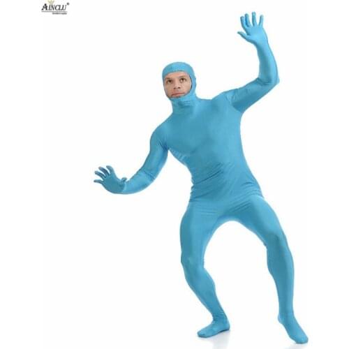 Ainclu Mens Spandex Nylon Zentai Blue Body Second Skin Tight All-inclusive Open Face Dancewear Costume Hallween Bodysuit