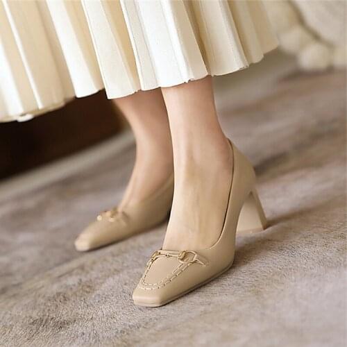 COOLULU 2021 Spring High Heels Women Shoes Metal Decoration Chunky Heel Pumps Square Toe Office Ladies Footwear Apricot Size 43