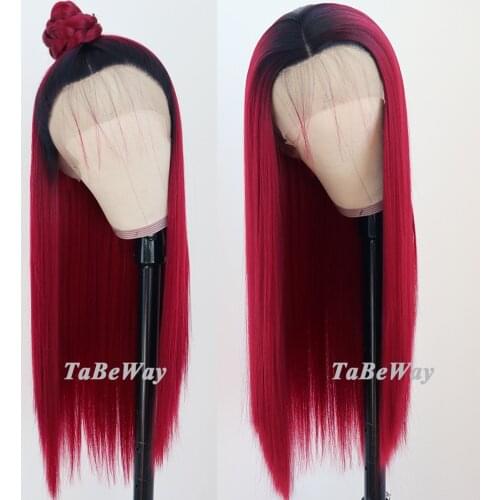 TaBeWay Long Straight Hair Red Color Lace Wigs Glueless Heat Resistant Fiber Hair Synthetic Lace Front Wigs for Fashion Women
