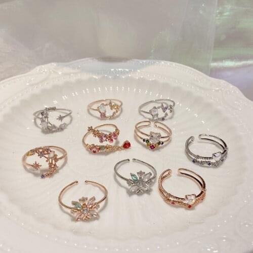 Korean Fashion Delicate Zircon Heart Moon Adjustable Rings For Women Micro Pave Colorful Crystal Finger Jewelry