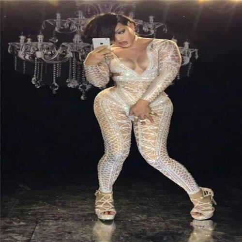 K37 Singer ballroom pole dance costume prom stage wears bodysuit dj jumpsuit white Rhinestone Stretch Siamese outfit bar dress