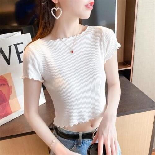 Off Shoulder Crop Tops Summer Womens T-shirts Girl Casual Ruffles Fashion Slim Female T-shirts Short Sleeve Tee Breathable