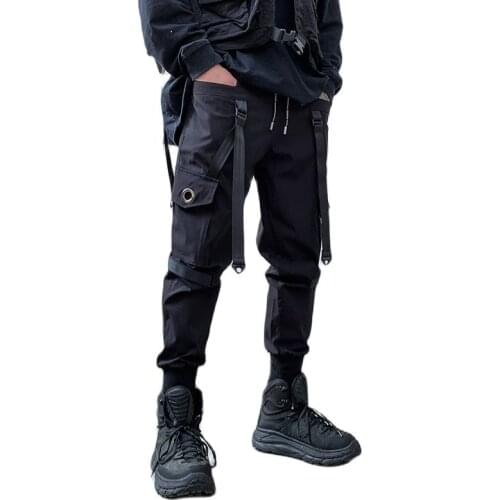 Ribbons Skinny Cargo Pants Mens Harajuku Techwear Multi Pockets Trousers Hip Hop Punk Streetwear Joggers For Man