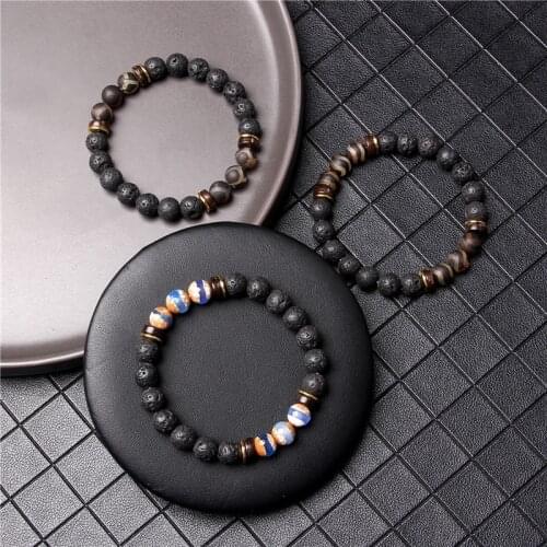 Men Bracelets Buddhism Tibetan Agat Wood Charm Bracelet Black Natural Lava Rock Stone Bangle Stretch Jewelry Women Yoga Pulsera
