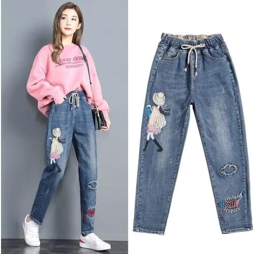 2021 New Jeans Women Embroidered Trousers Women Spring And Autumn Plus Size High Waist Trousers Pattern Harem Pants Femme L129