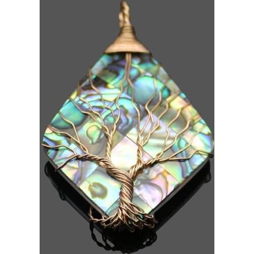 Tree of Life Pendant Natural Abalone Shell Rhombus Handmade Metal Winding for Charms Jewelry Making DIY Hot Necklace Accessories