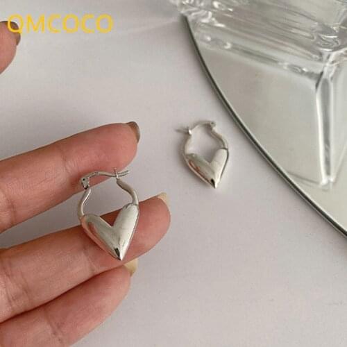 QMCOCO 925 Silver Hoop Earrings New Trendy Simple Elegant Sweet Heart-Shape Party Jewelry Ear Buckle Earrings Prevent Allergy