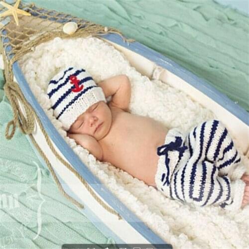 Newborn Boy Photography Props Infant Picture Photo Shoot Crochet Navy Hat+Rompers Outfits Tiny Baby Fotografie Props Clothes