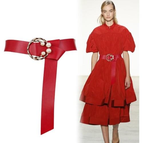 Soft PU Leather Belt long design Womens Fashion Solid Color Belts Alloy circle Buckle Inlaid Pearl waistbands wide Women dress