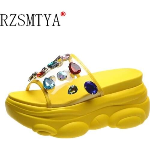 Hot Sale High Heel Sandals Womens Summer Ladies Slippers Thick-Bottom Color Crystal Waterproof Wedge Beach Sandals Zapatos