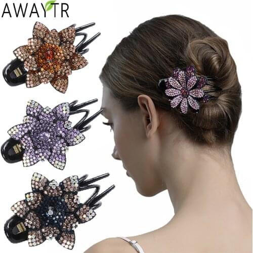 AWAYTR Flower Crystal Hair Claw Shiny Rhinestone Hairpin Hairclips Hollow Heart Hair Clip Barrette Women Clips Hair Accessories