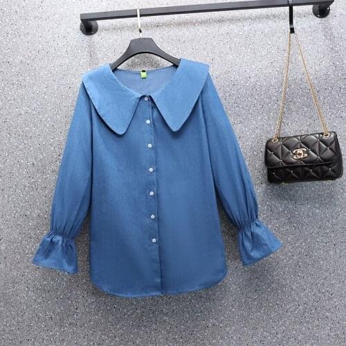 Blue Denim Long Sleeved Plus Size Korean Autumn Elegant Fashion Blouses And Tops WomenS Oversize Shirt Clothing 2021 Female