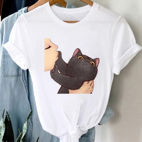 Women t-shirts 2021 Cartoon cat Kiss 90s Fashion tshirt for woman Tees Tops Graphic Female T Shirt White Womens T-Shirt XXXL