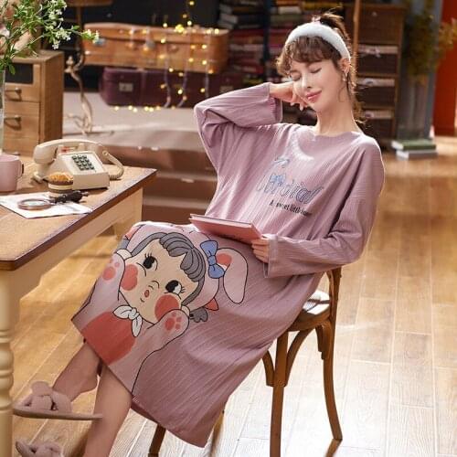 Autumn/Winter Cotton Womens Homedress Nightdress Long Sleeve Nightgowns One-piece Dress Sleepwear Fashion Loose Home Clothing
