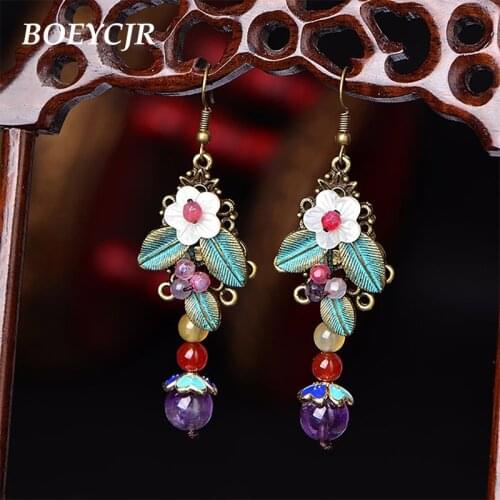 BOEYCJR Ethnic Vintage Alloy Shell Flower Stone Bead Dangle Jewelry Elegant Drop Hook Earrings For Women Gift
