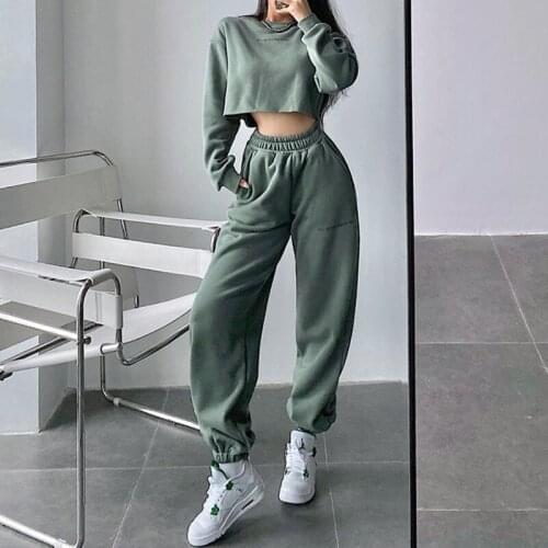 WOMENGAGA Crew Neck Long Sleeve Letter Print Thick Short Sweatshirt + High Waist Tie Feet Pants Women Casual Two-piece Set VT92