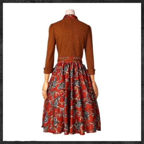 Design Spring Original Autumn Women Vintage Elegant Slim Knitted Patchwork Print Fake Two Pieces Satin Dresses