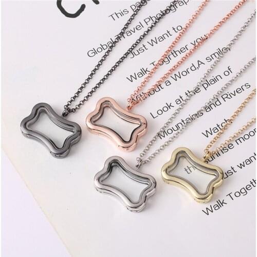 10pcs/lot Dog Bone shape No Rhinestones floating charms locket glass living memory lockets necklace 60cm chains for women