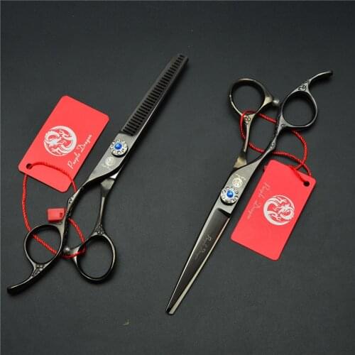 2Pcs Left Hand 6'' 17.5cm Black Professional Human Hair Scissors Hairdressing Scissors Cutting Shears + Thinning Scissors Z8002